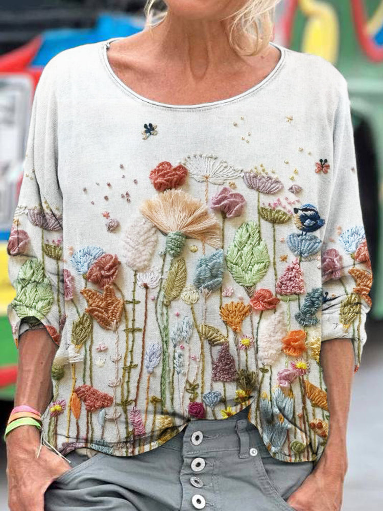 Comstylish Fringed Floral & Insect Embroidery Women's Loose Shirt