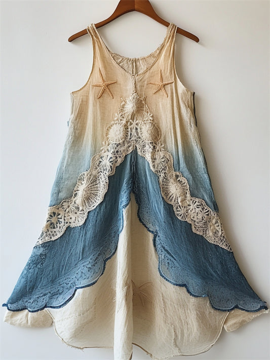 Starfish Embroidered  Sea Shell Lace Waves Gradient Flowy Linen Dress elevenforest