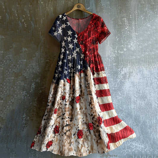 Comstylish Women's Independence Day Flag Floral Print Dress
