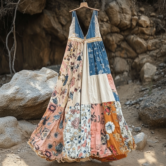 Women's Vintage Bohemian Denim Patch Sleeveless Dress elevenforest