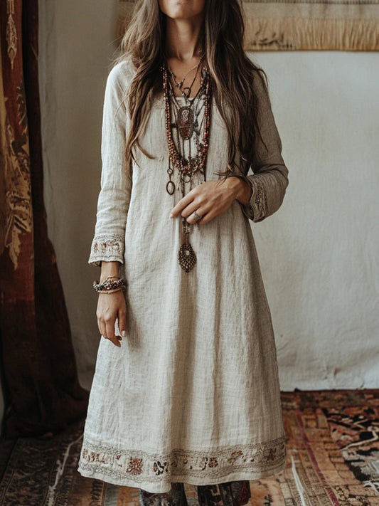 Vintage Floral Embroidered Linen Blend Midi Dress elevenforest