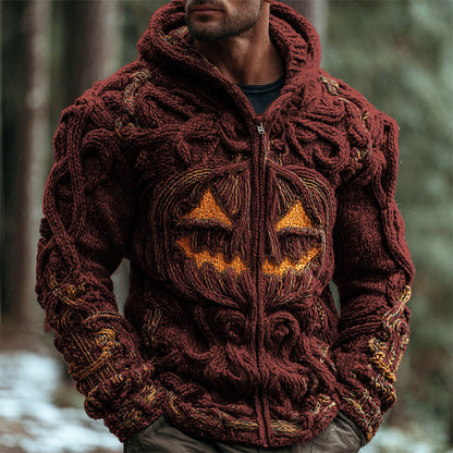 Halloween Pumpkin Emoji Men's Chunky Knit Full Zip Hooded Sweater elevenforest
