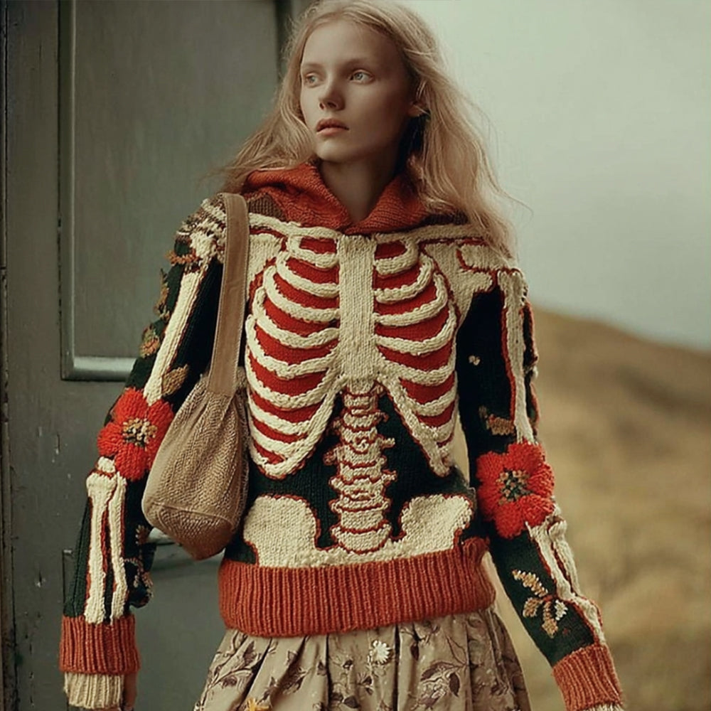 Women's Halloween Human Anatomy Art And Flower Vintage Hooded Sweater elevenforest