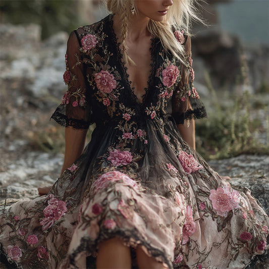 Boho Pink Floral Embroidered Black Lace Gradient Flowy Dress elevenforest