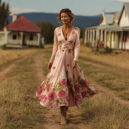 Vintage Boho Roses Print V Neck Flowy Linen Maxi Dress elevenforest