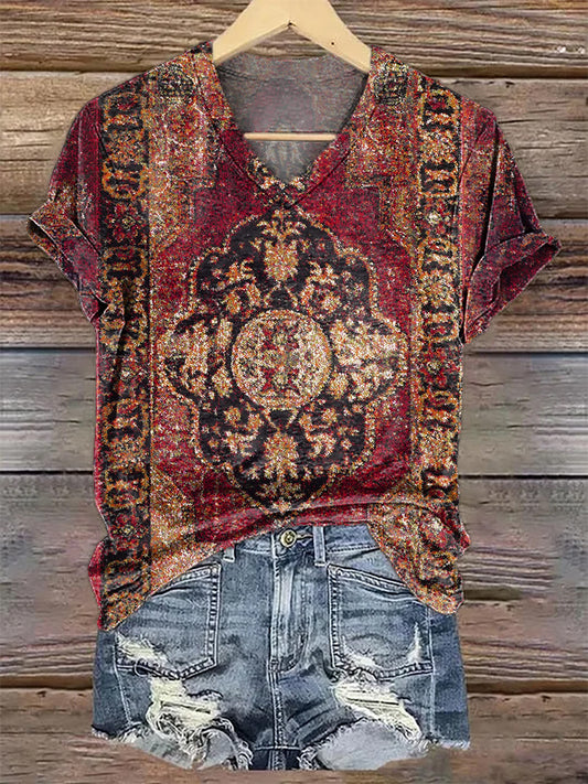 Women's Vintage Ethnic Floral Art Print V-Neck Casual T-Shirt