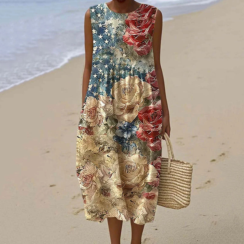 Women's Vintage Floral Independence Day Art Linen Tank Dress elevenforest