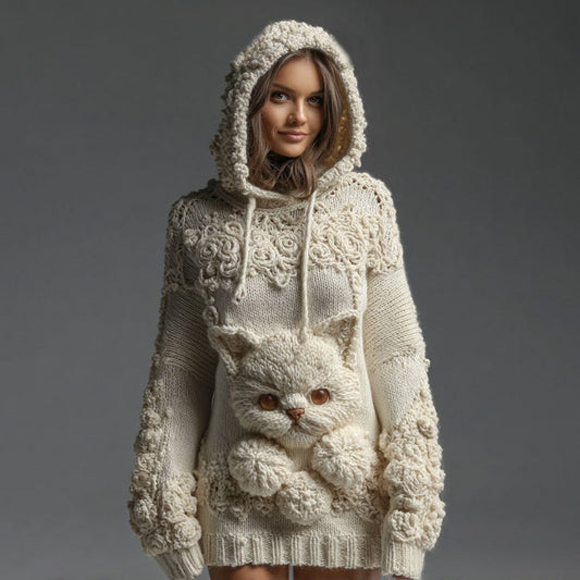 Women's Vintage Cute Cat Art Knitted Warm Cazy Hooded Sweater elevenforest