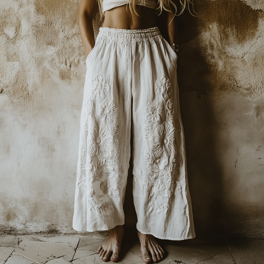 Women's Floral Embroidery Art Casual Wide Leg Pants elevenforest