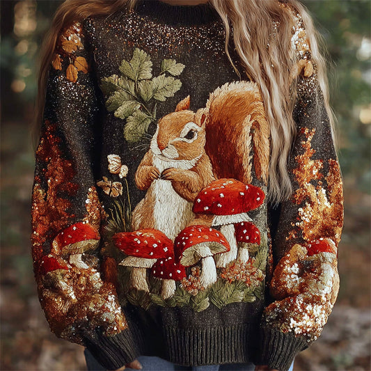 Vintage Squirrel & Mushroom Embroidered Women's Knitted Sweater artswardrobe