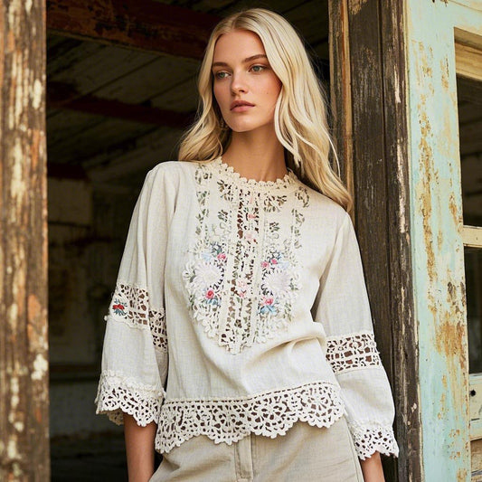 Elegant Lace Floral Embroidery Linen T-shirt elevenforest