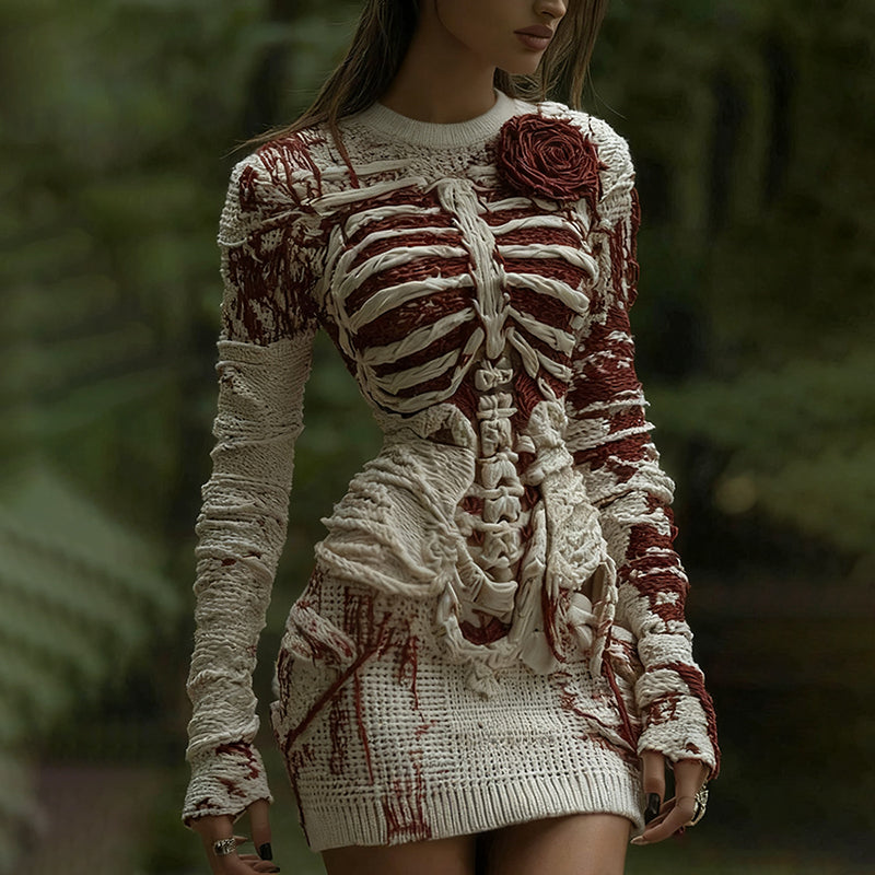 Women's Halloween Muscle Anatomy Bandage With Rose Art Cozy Knit Mini Sweater Dress elevenforest