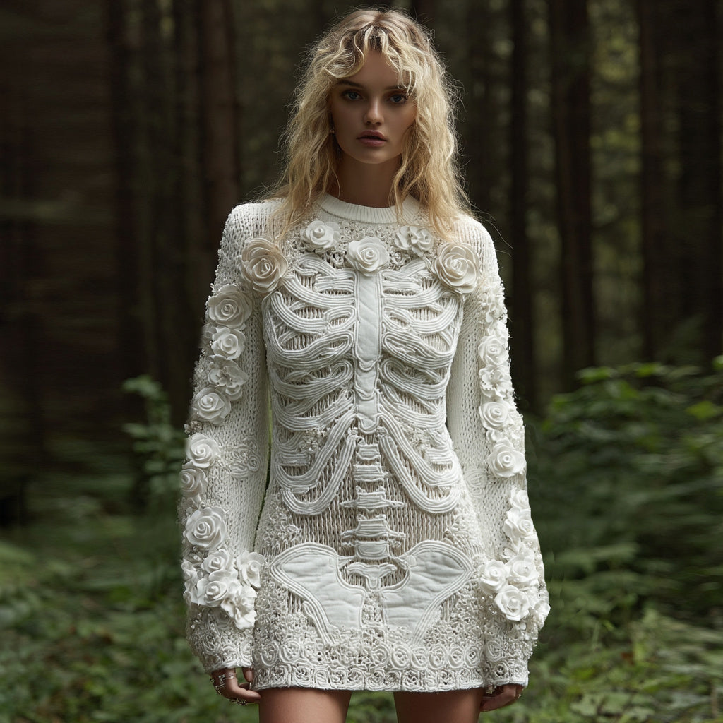 Women's Vintage Halloween Skeleton Bones With White Rose Art Cozy Knit Mini Sweater Dress elevenforest