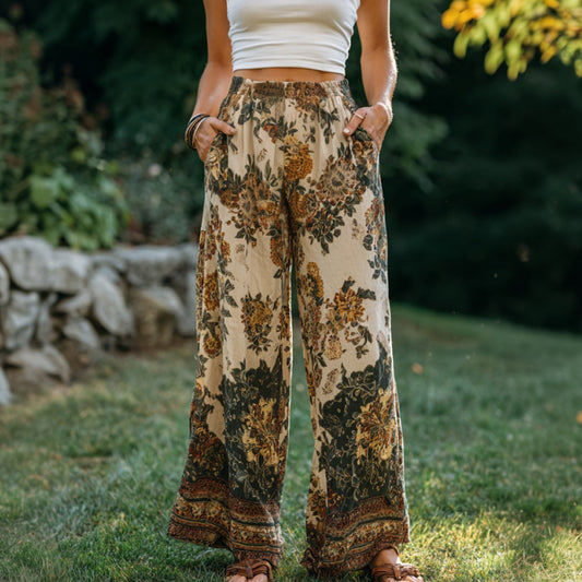 Women's Retro Bohemian Floral Patchwork Linen Trousers elevenforest