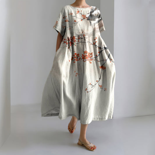 Women Japanese Floral Art Printed Casual Midi Dress elevenforest