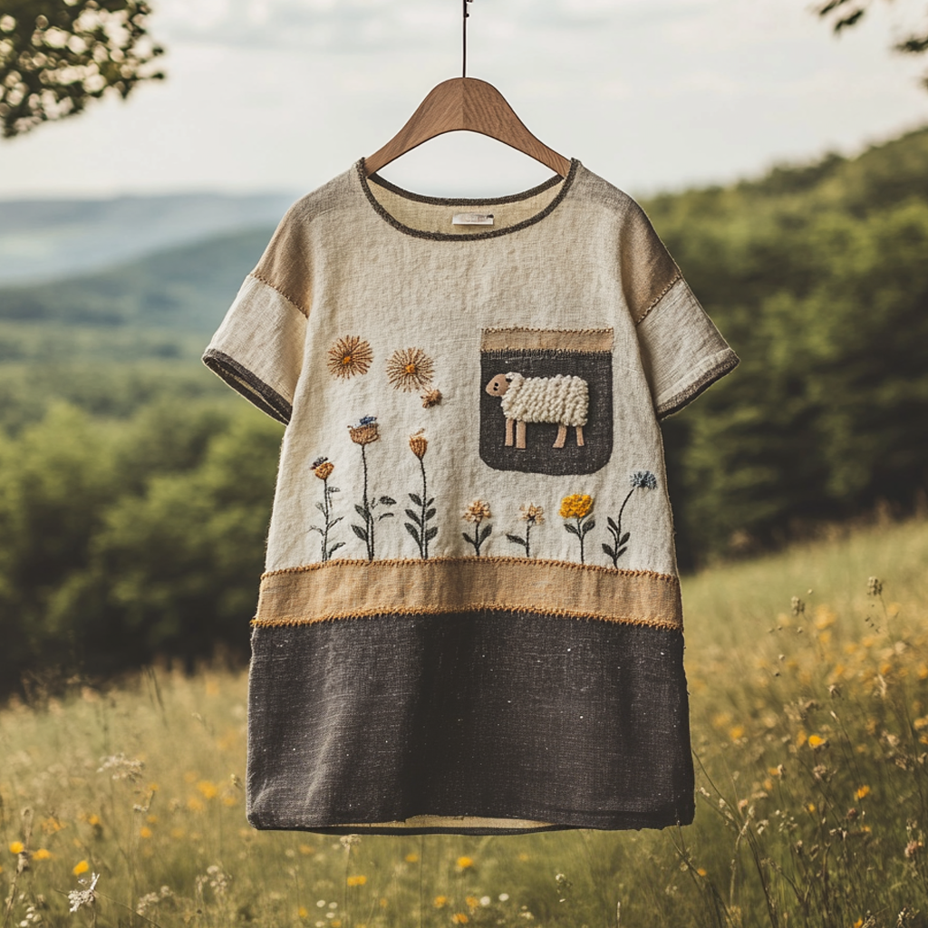 Vintage Sheep Wildflowers Patchwork Print Linen T-shirt elevenforest