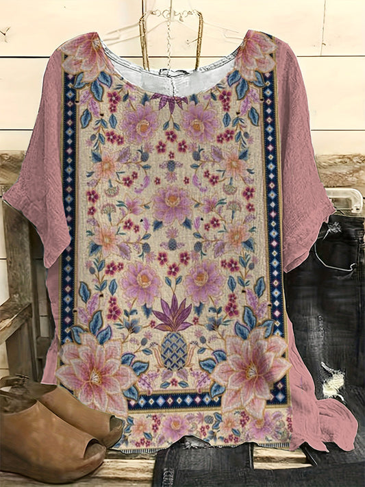 Vintage Floral Art Print Casual Linen Blend Shirt elevenforest