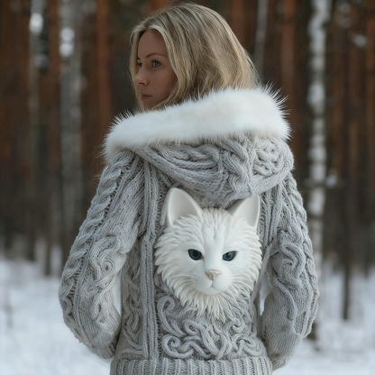 Comstylish Viking Retro Cat Design Women's Hooded Knit Sweater Jacket