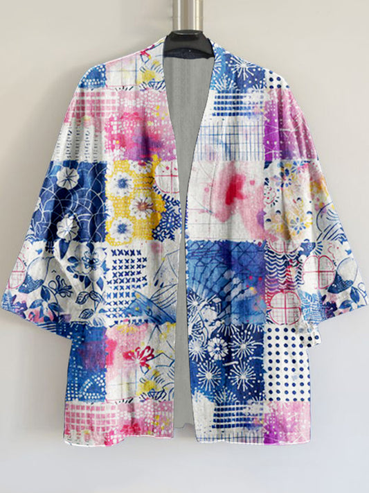 Japanese Sashiko Style Quilt Pattern Linen Kimono Cardigan elevenforest