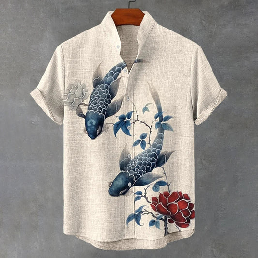 Men's Vintage Fish And Floral Art Print Casual Shirt elevenforest