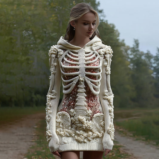 Women's Vintage Halloween Skeleton Bones With Glitter And Rose Art Cozy Knit Hooded Sweater Dress elevenforest