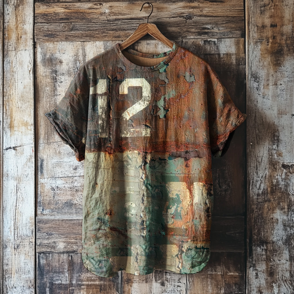 Women's Vintage Rust Art Print Round Neck Linen Blend T-shirt elevenforest