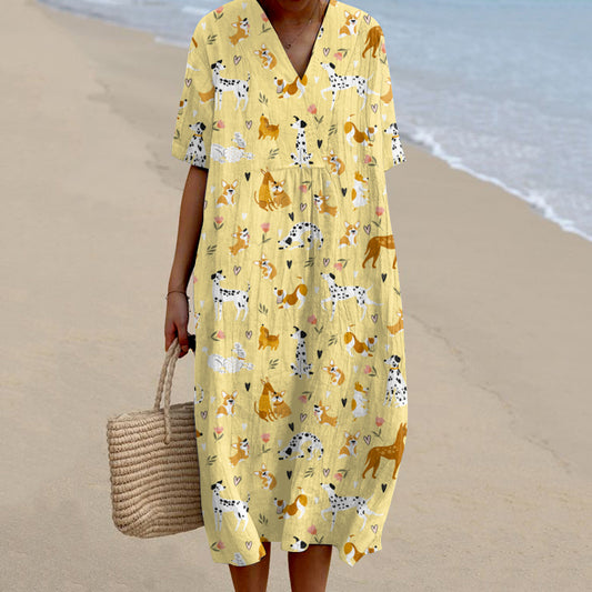 Comstylish Dog Art V-neck Linen Short Sleeves Midi Dress