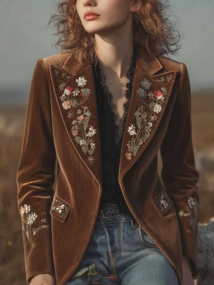 Comstylish Women's Retro British Style Plant Flower Embroidery Velvet Suit Coat