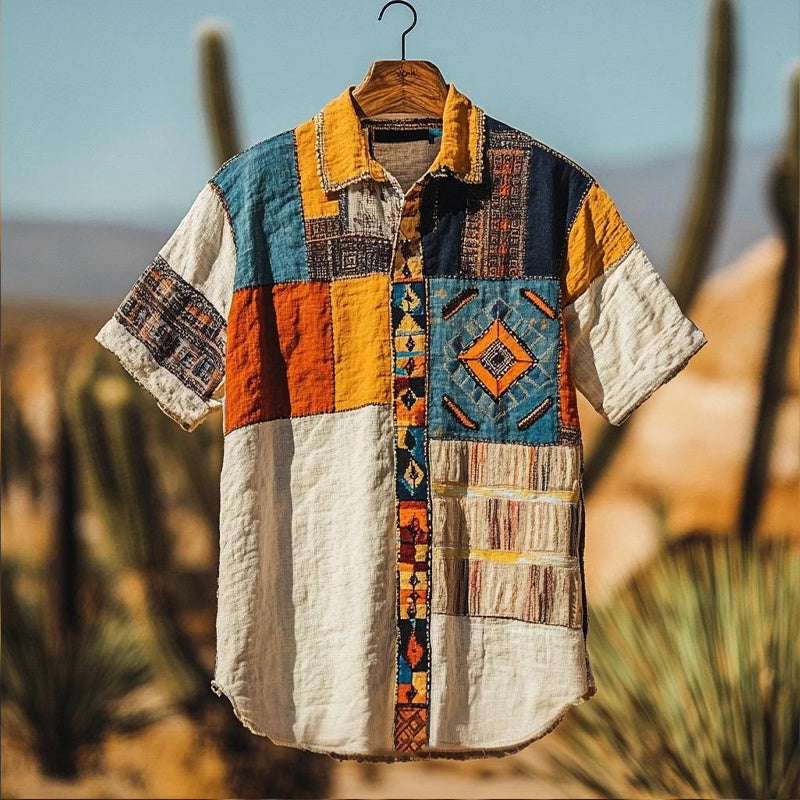 Vintage Geometric Pattern Patchwork Linen Shirt elevenforest