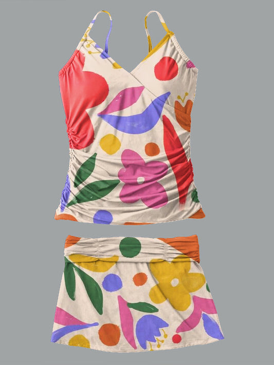 V-Neck Vintage Flowers Print Suspender Skirt Tankini Pantskirt Set Swimsuit