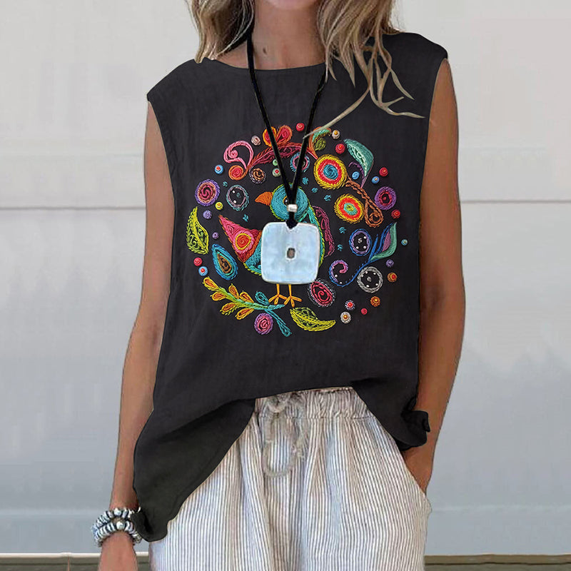 Women's Vintage Bird And Floral Embroidery Pattern Sleeveless Shirt elevenforest
