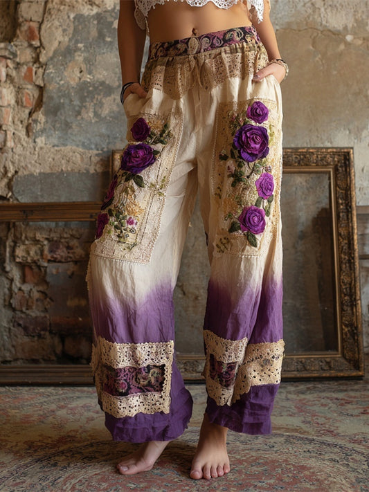 Boho Vintage Floral Lace Patchwork Art Women's Linen Trousers elevenforest