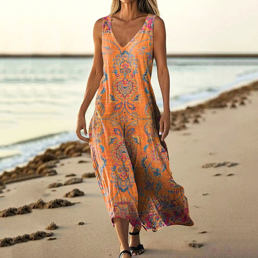 Women's Retro Ethnic Totem Art V-neck Sleeveless Dress elevenforest