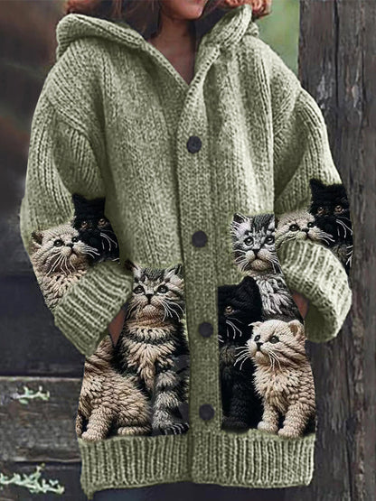 Fuzzy Cats Crochet Art Cozy Knit Hooded Cardigan elevenforest