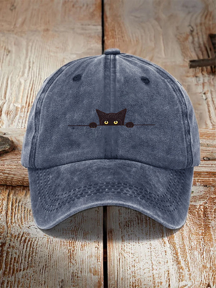 Japanese Art Black Cat Print Washed Hat elevenforest