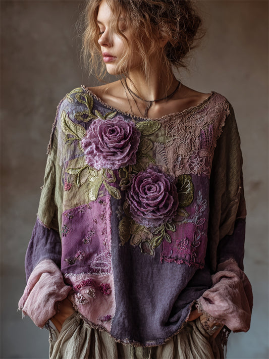 Vintage Purple Roses Boho Patchwork Linen Tunic elevenforest