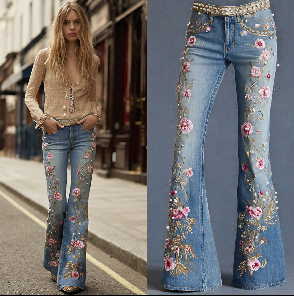 Bohemian Style Women's Plant Flower Embroidery Loose Fit Wide Leg Straight Leg Denim Long Pants elevenforest