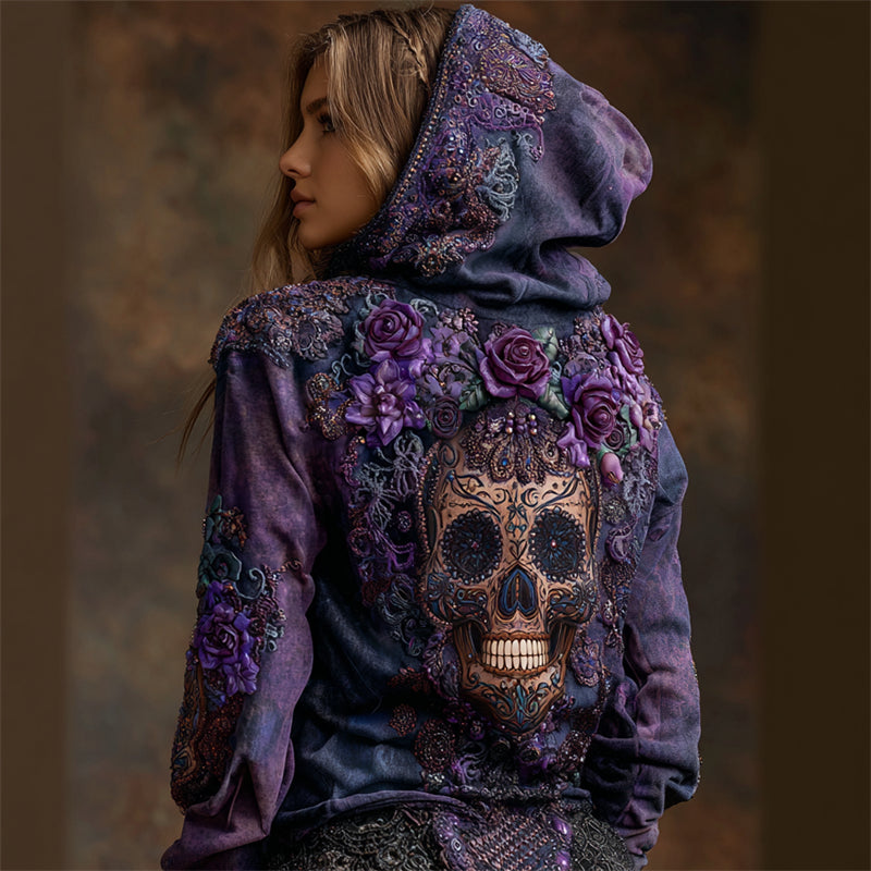 Day Of The Dead Sugar Skull Roses Fiber Art Beaded Dyed Hoodie elevenforest