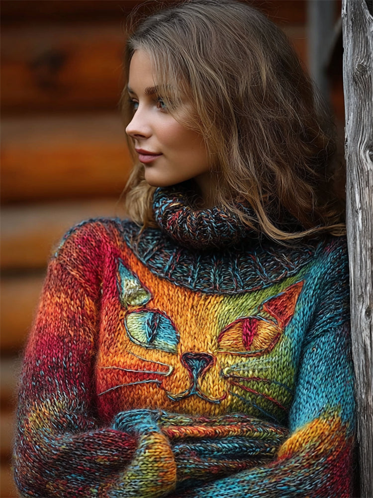 Vintage Cat Face Gradient Colorful Cozy Chunky Turtleneck Sweater elevenforest