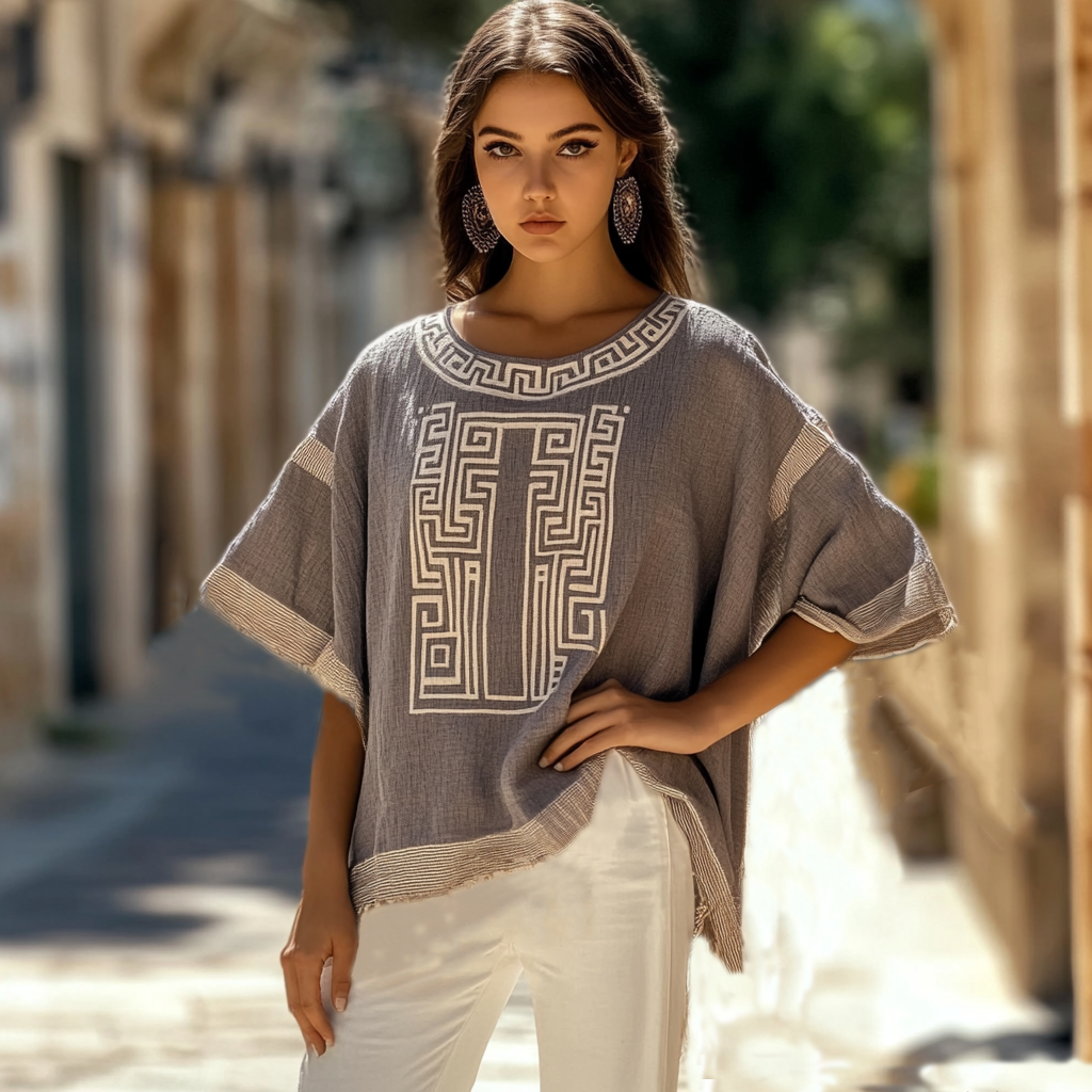 Vintage Greek Key Crew Neck Linen Blend T-shirt elevenforest
