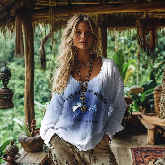 Comstylish Retro Bohemian Gulf Of Mexico In Gradient Print Cotton And Linen Blend Loose Blouse