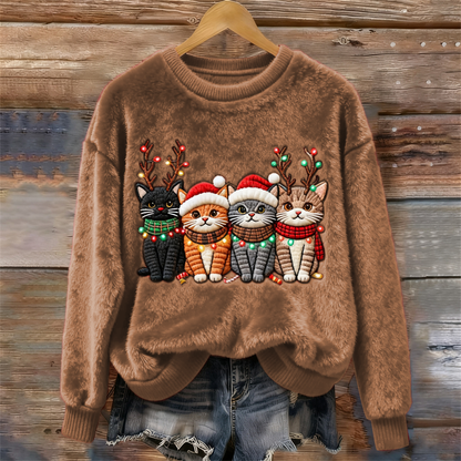 Christmas Lights Cat Women's Cozy Plush Sweater elevenforest