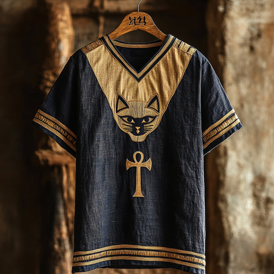 Ankh Ancient Egyptian Cat Art Linen Shirt elevenforest