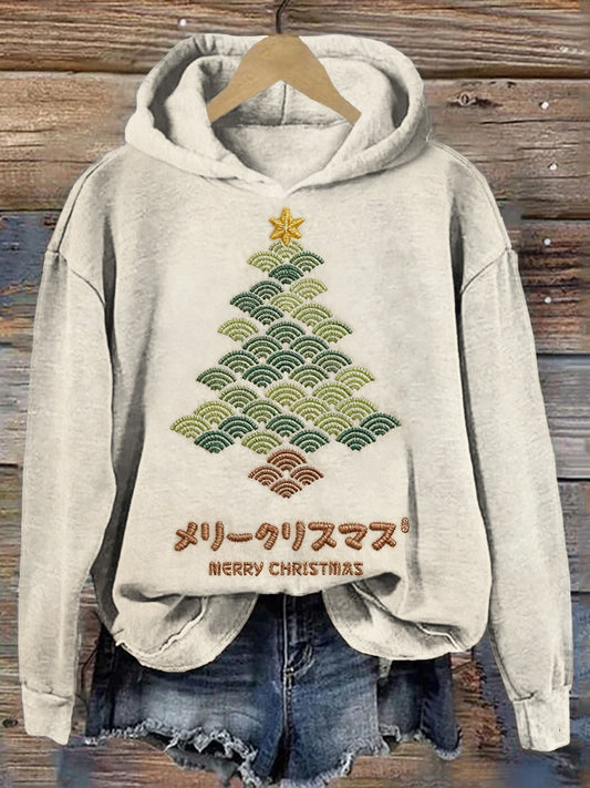 Japanese Waves Christmas Tree Embroidered Washed Hoodie elevenforest