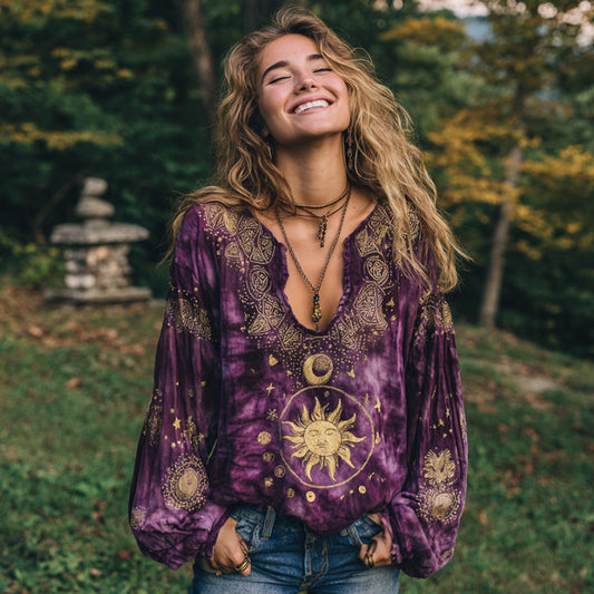 Mysterious Sun And Moon God Art Tie-dyed V-neck Linen Top elevenforest