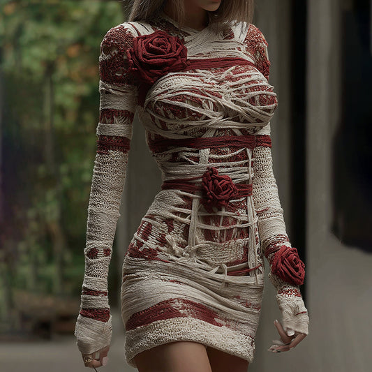 Women's Halloween Muscle Anatomy Bandage With Rose Art Cozy Knit Mini Sweater Dress elevenforest