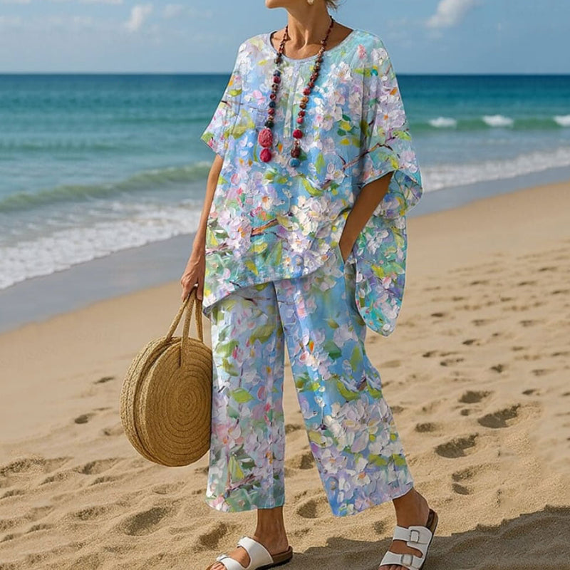 Women's Oil Painting Flowers Print T-shirt And Pants Two Piece Set elevenforest