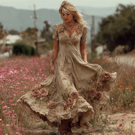 Boho Dusty Rose Embroidered Vintage Women's Linen Short Sleeve Maxi Dress elevenforest