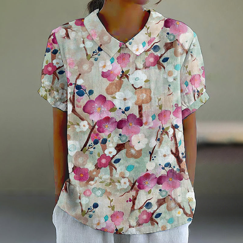 Sakura Print Lapel Casual Blouse elevenforest