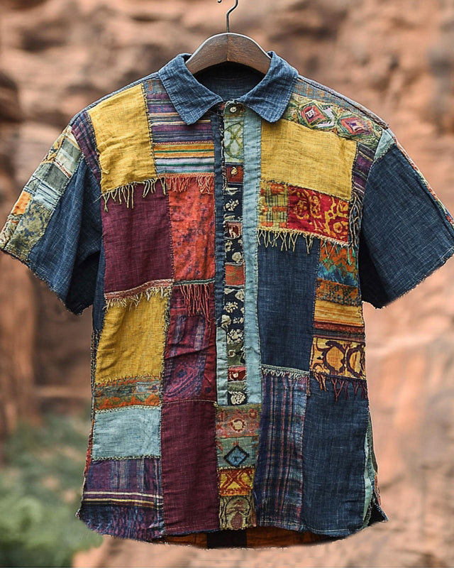 Men's Vintage Spliced ​​​​contrasting Geometric Linen Shirt elevenforest